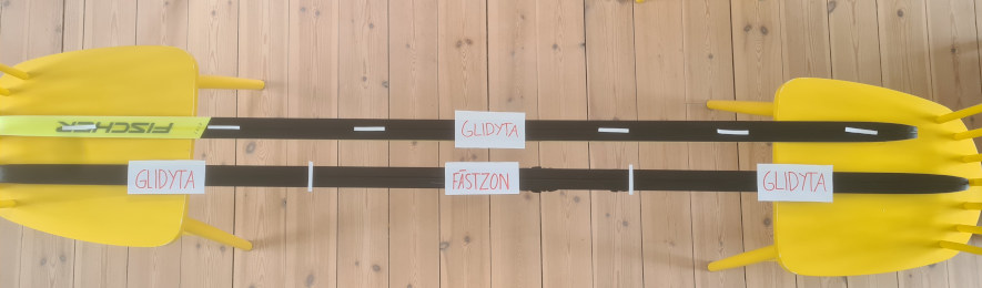Glidytor och fästzon på ett par klassiska längdskidor och skateskidor